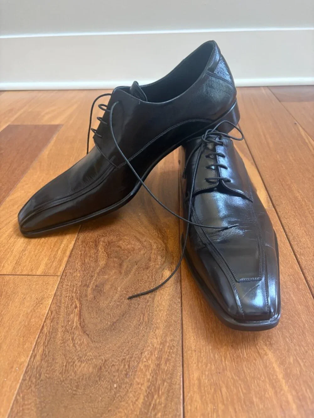 Llancio for Casini Firenze black leather lace up dress shoes with square toe